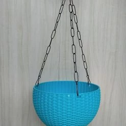 CGASPL 21 Cm Sky Blue Rattan Hanging Planter With Chain Pot-Planters