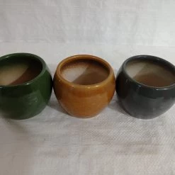 CGASPL Pot-Planters Round Ceramic Pots Set (Qty 3 Pots) Turtle Green, Brownish Yellow & Grey